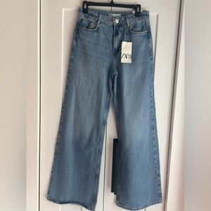 Zara Wide Leg High Rise Long Length Denim Jeans